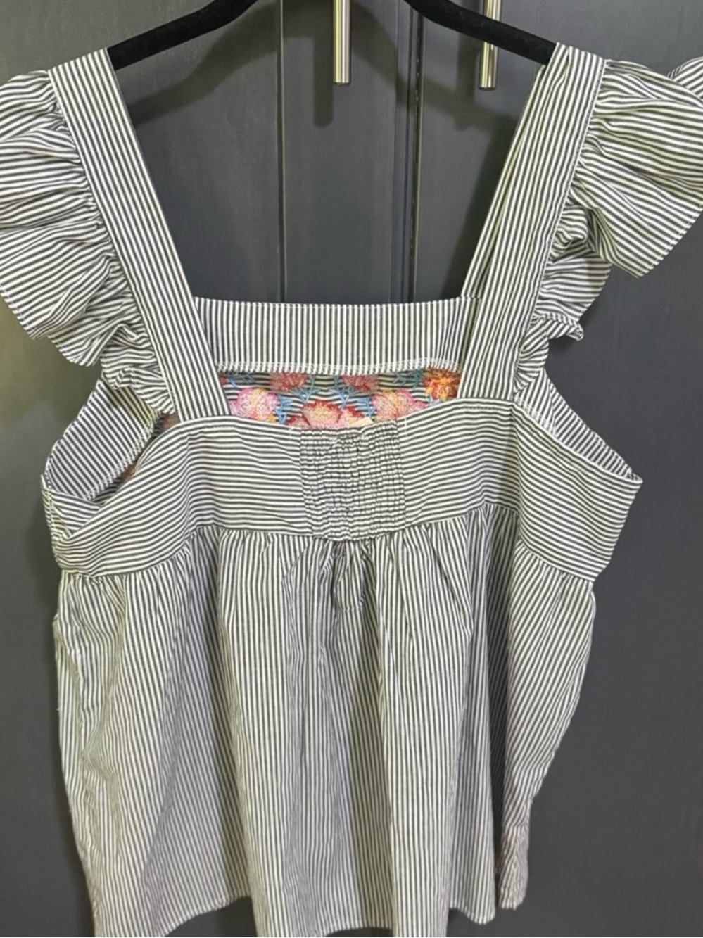 Striped Ruffle Sleeve Embroidered Top - Picture 2 of 4